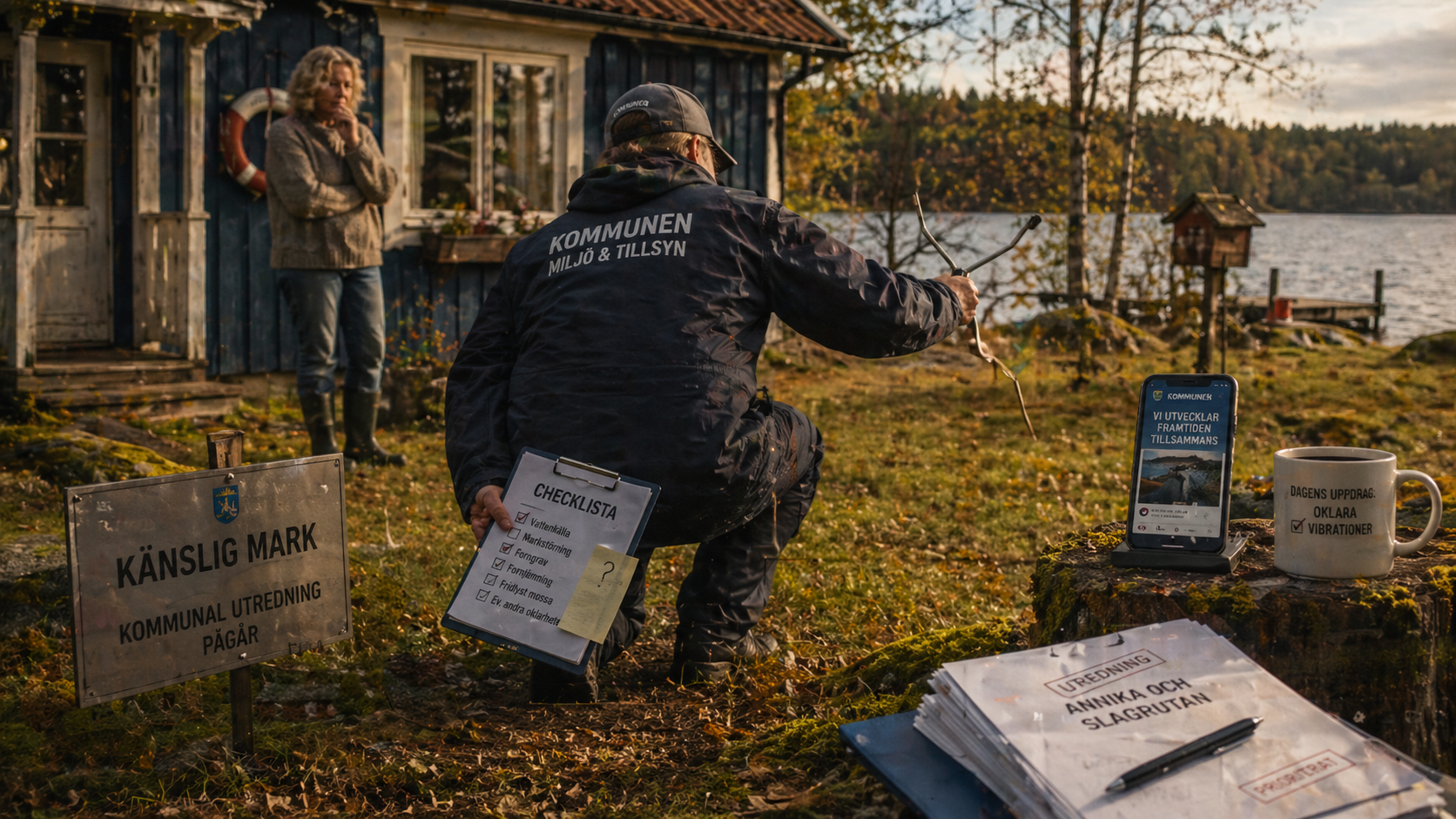 Satirisk miljöinspektion med slagruta pÄ kÀnslig mark vid stuga och sjö.