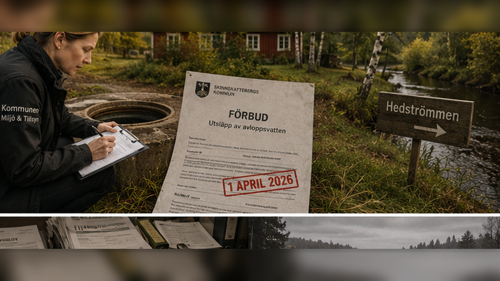 Kommunal miljöinspektion vid slamavskiljare i svensk trädgård med förbudsdokument i förgrunden.
