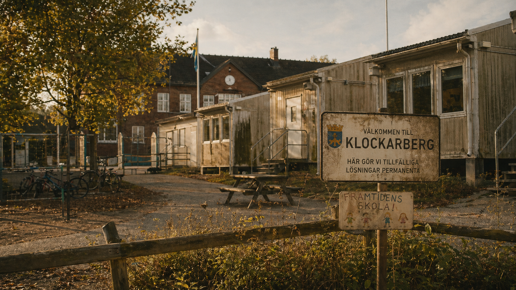 Fotorealistisk landsbygdsbild av skolbaracker med satirisk skylt om tillfÀlliga lösningar.