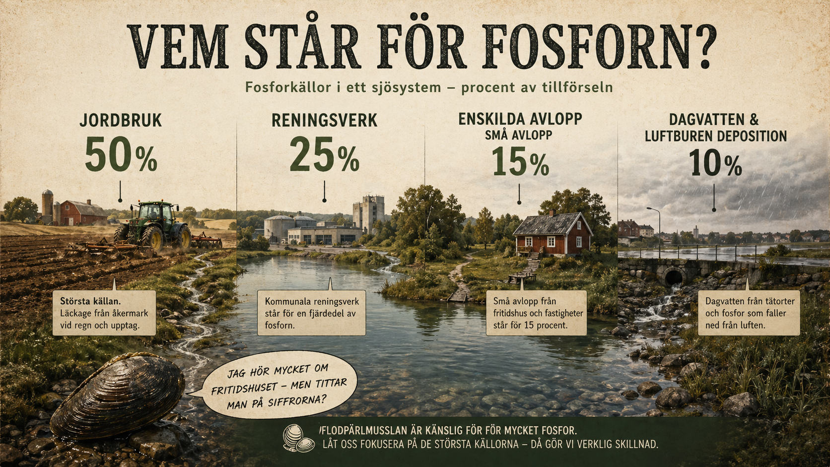 Infografik över fosforkÀllor: jordbruk, reningsverk, enskilda avlopp och dagvatten.
