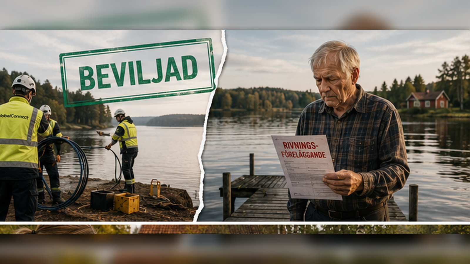 Delad bild med fiberinstallation vid sjö och äldre man med myndighetsdokument på brygga.
