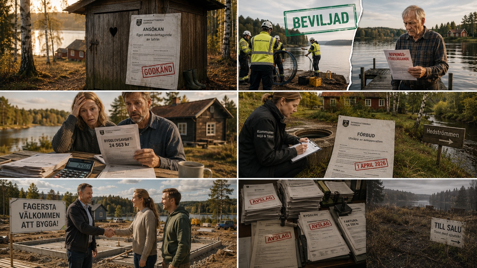 Kollage: Sex scener från kommunal byråkrati i Skinnskattebergs kommun.