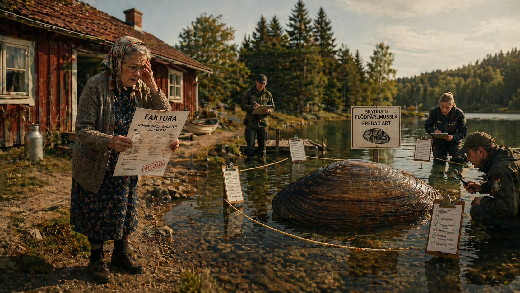 Fotorealistisk satirbild med mormor, faktura, flodpÀrlmussla och kommunal tillsyn vid sjö.