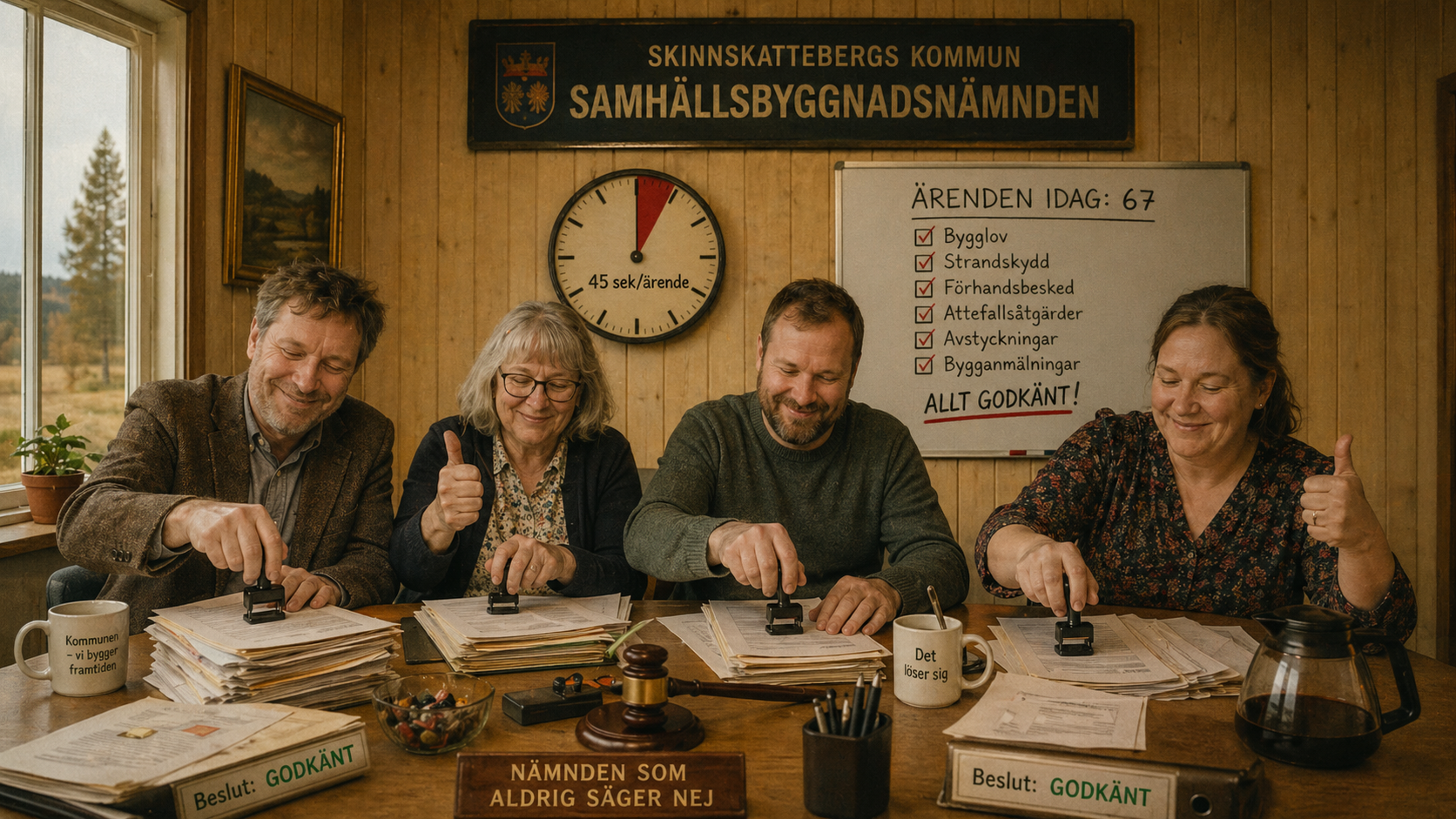 Kommunal nÀmnd som stÀmplar beslut, noll nej-röster och byrÄkratisk satir.